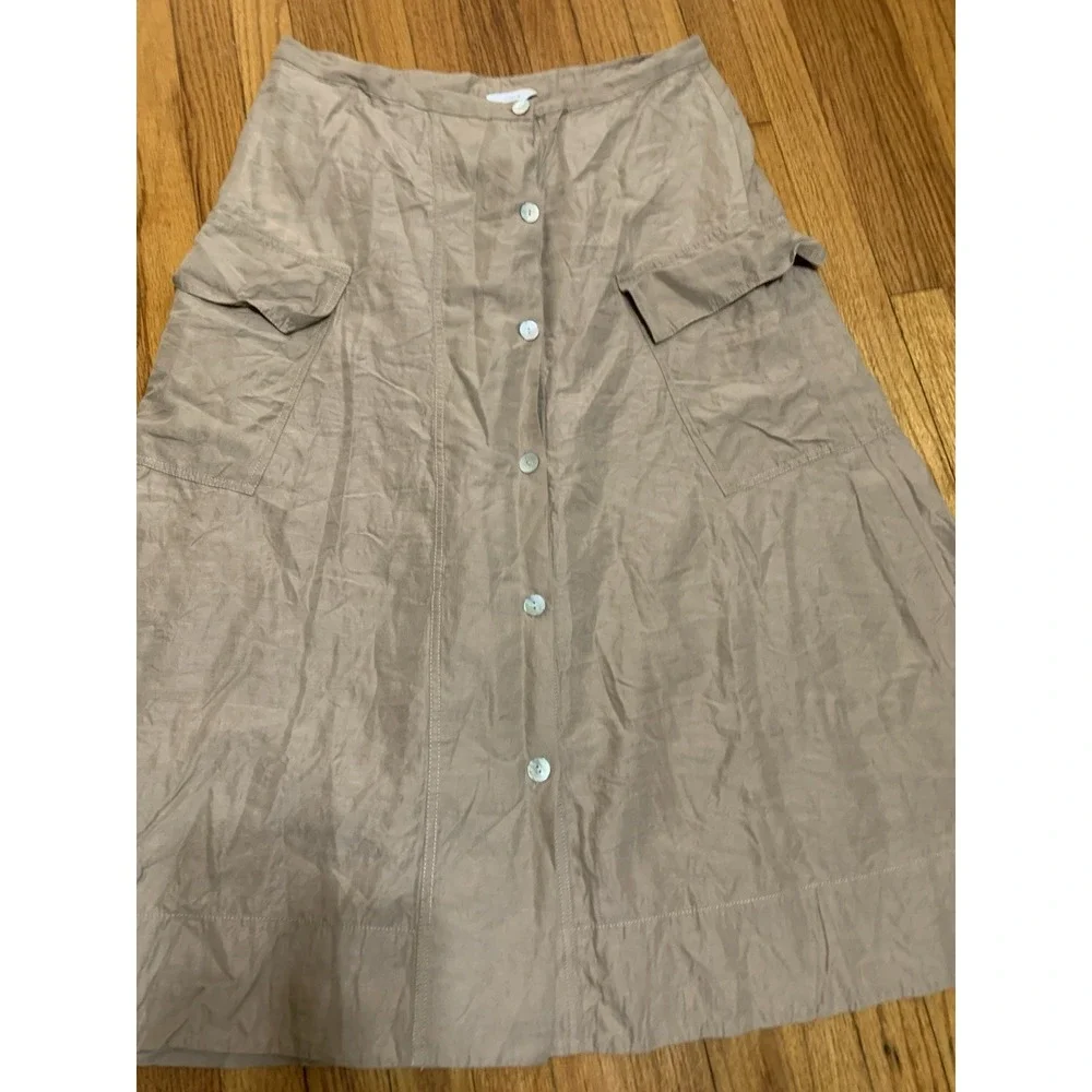 Vince Utility Button Down Linen Khaki Midi Skirt 14 Beach Cargo Boho MSRP $425